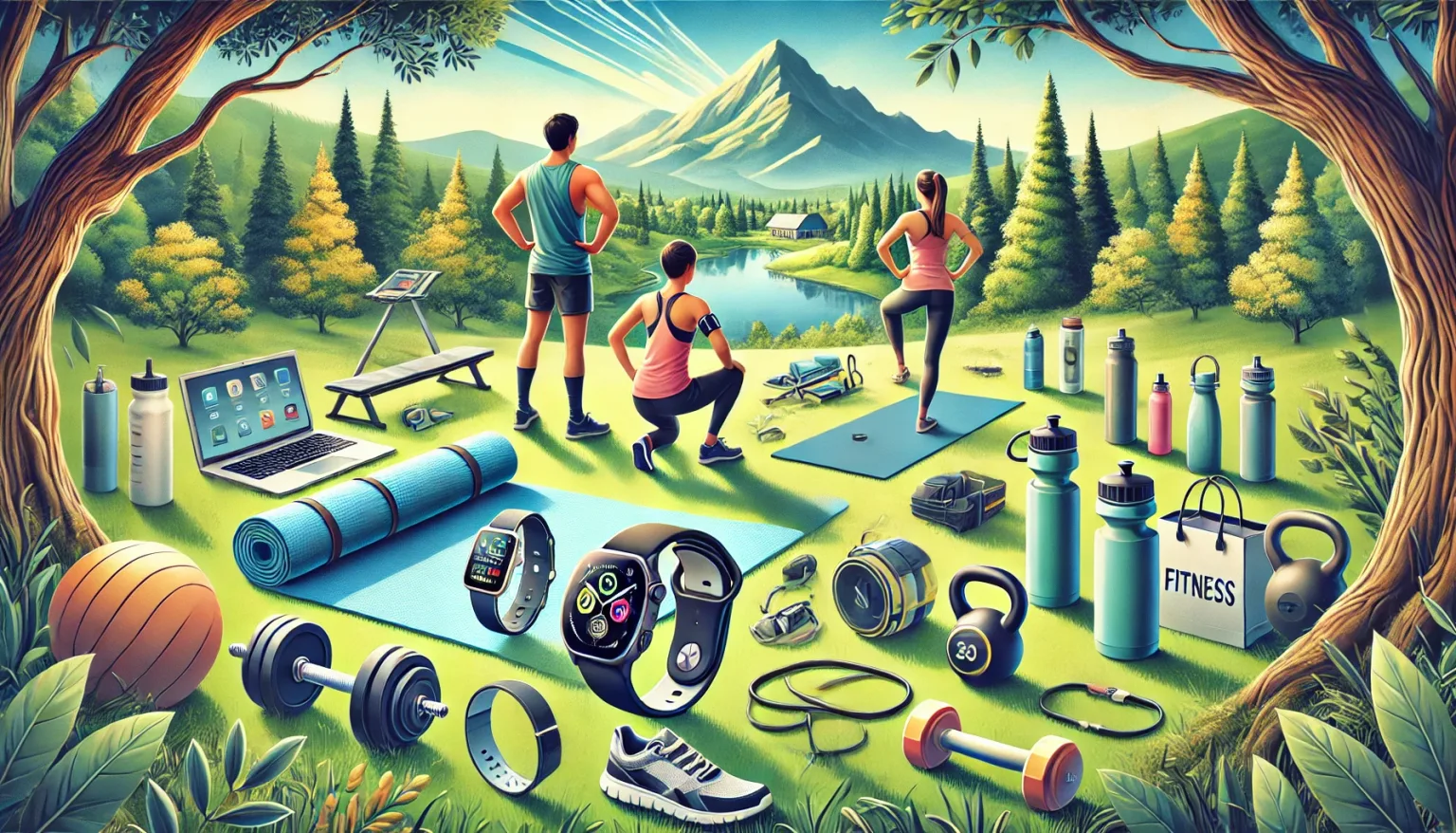 oriented fitness gift guide image, featuring a range of fitness items in an outdoor setting. It beautifully combines the spirit of an active lifestyle with nature, showcasing various fitness products like yoga mats, dumbbells, and smartwatches, arranged dynamically against a backdrop of mountains and forests.