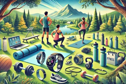 oriented fitness gift guide image, featuring a range of fitness items in an outdoor setting. It beautifully combines the spirit of an active lifestyle with nature, showcasing various fitness products like yoga mats, dumbbells, and smartwatches, arranged dynamically against a backdrop of mountains and forests.